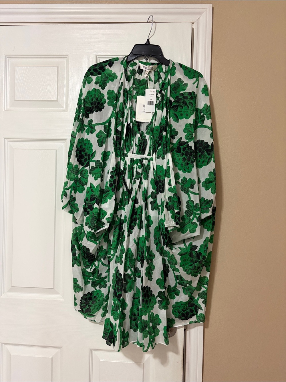 Diane Von Furstenberg White Mini Dress with Green Floral Print